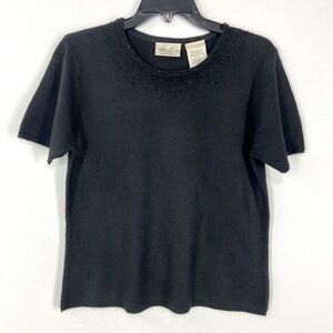 Kathie Lee Collection Black Crew Beaded Neck knitted Tee Blouse Size 8